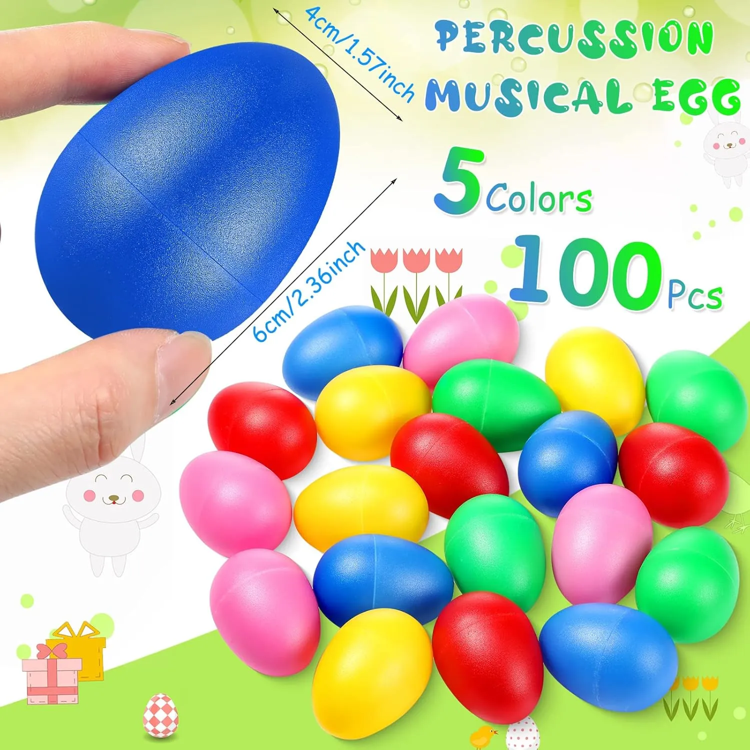 100 Pieces Egg Shakers Musical Instruments Percussion Maracas Egg for Kids Toys Plastic Easter Shaker for Learning DIY Painting, Classroom Music, Rhythm(5 Color)