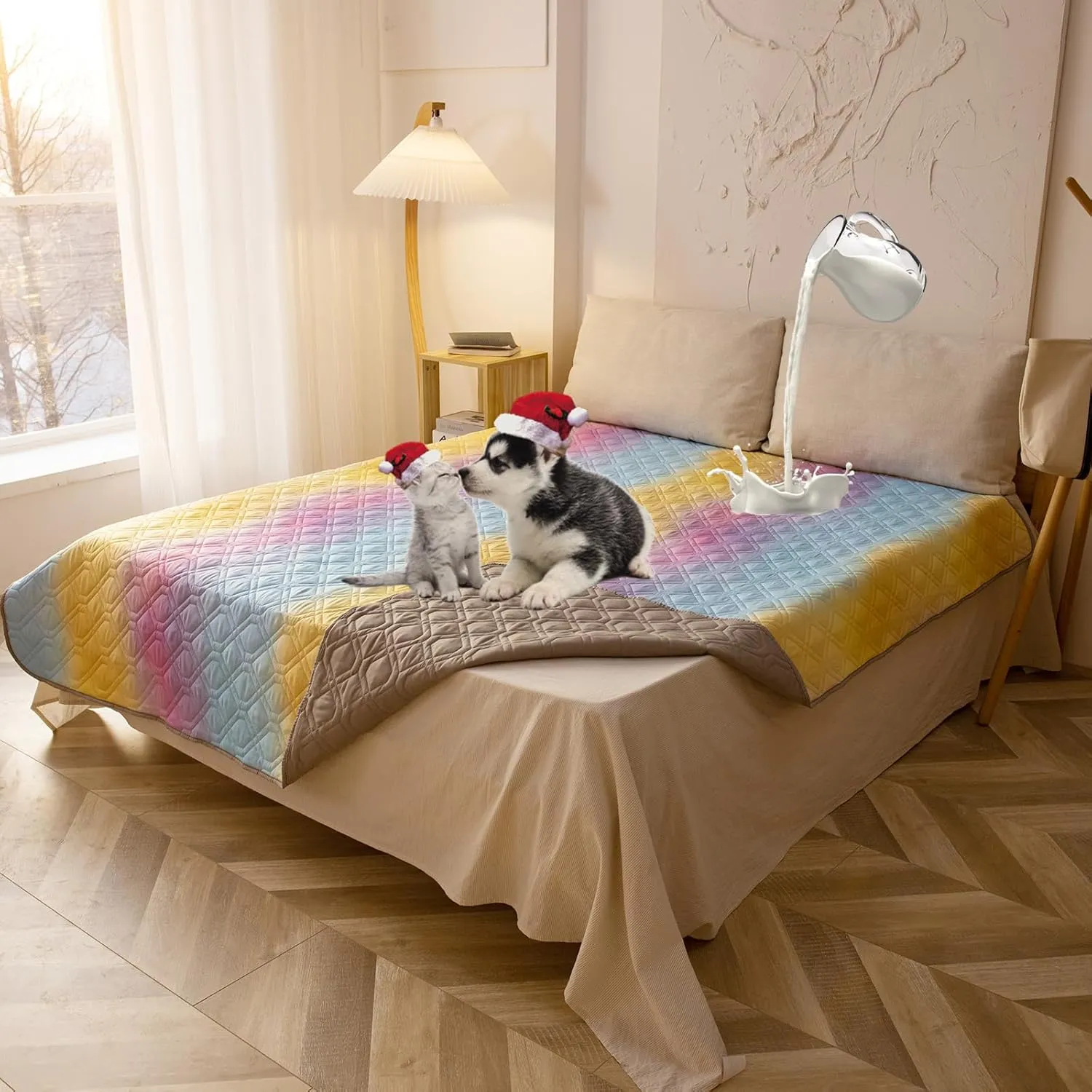 100% Waterproof Dog Bed Cover 52x82 inch Reversible Changing Pad Reusable Camping Mat for Kids/Pet/Dog/Cat Washable Geometric Embroidery Blanket Patchwork Rainbow Ombre Printed Gray
