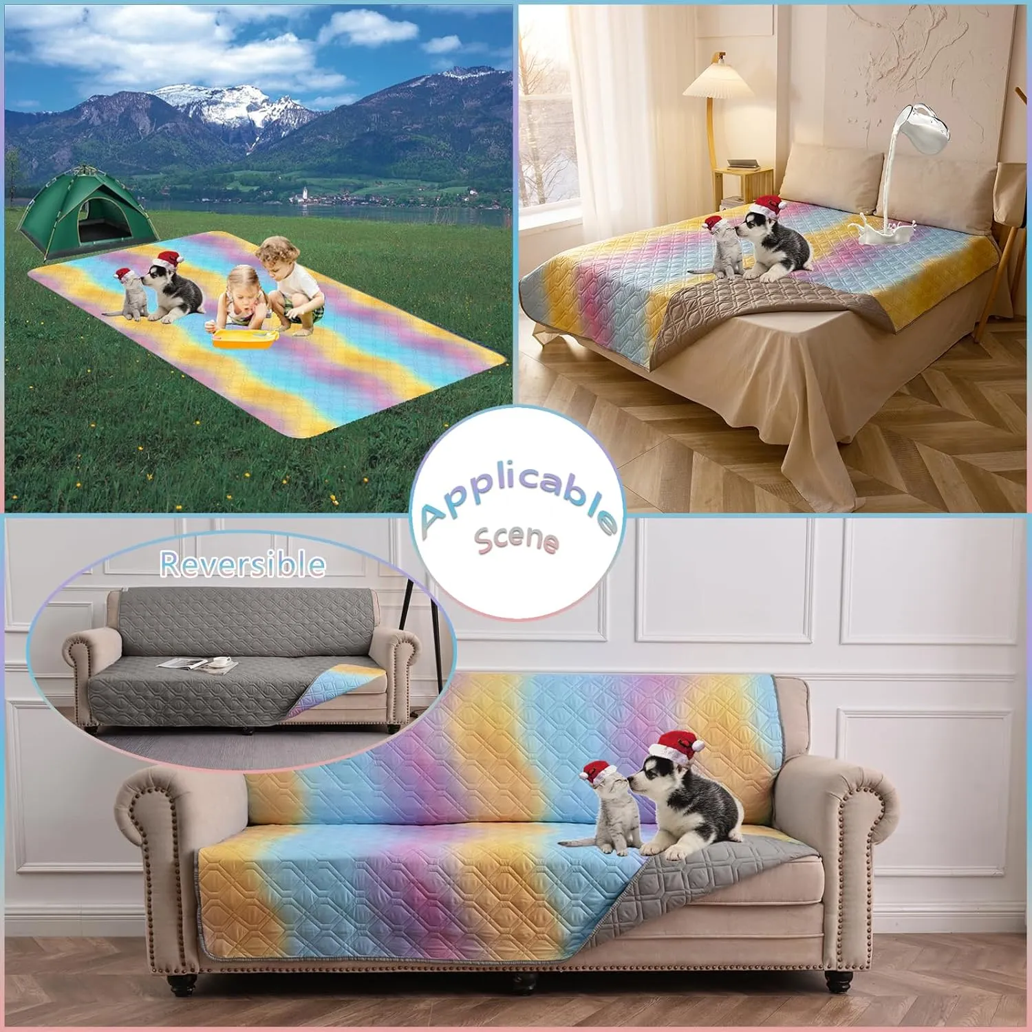 100% Waterproof Dog Bed Cover 52x82 inch Reversible Changing Pad Reusable Camping Mat for Kids/Pet/Dog/Cat Washable Geometric Embroidery Blanket Patchwork Rainbow Ombre Printed Gray