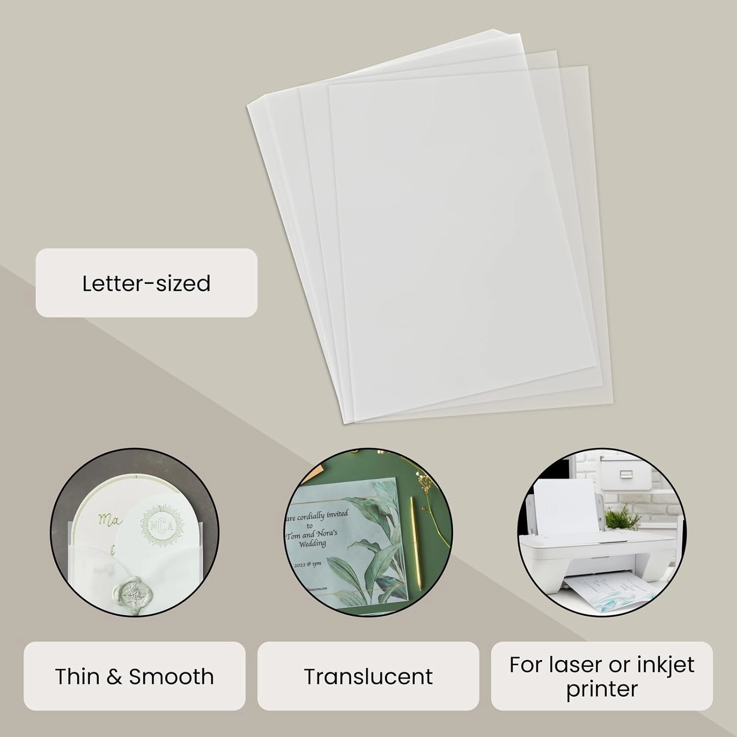 100 Sheets 8.5 x 11 in Translucent and Printable Vellum Paper for Invitation, Sketching & Card Overlays (93gsm/63lb)