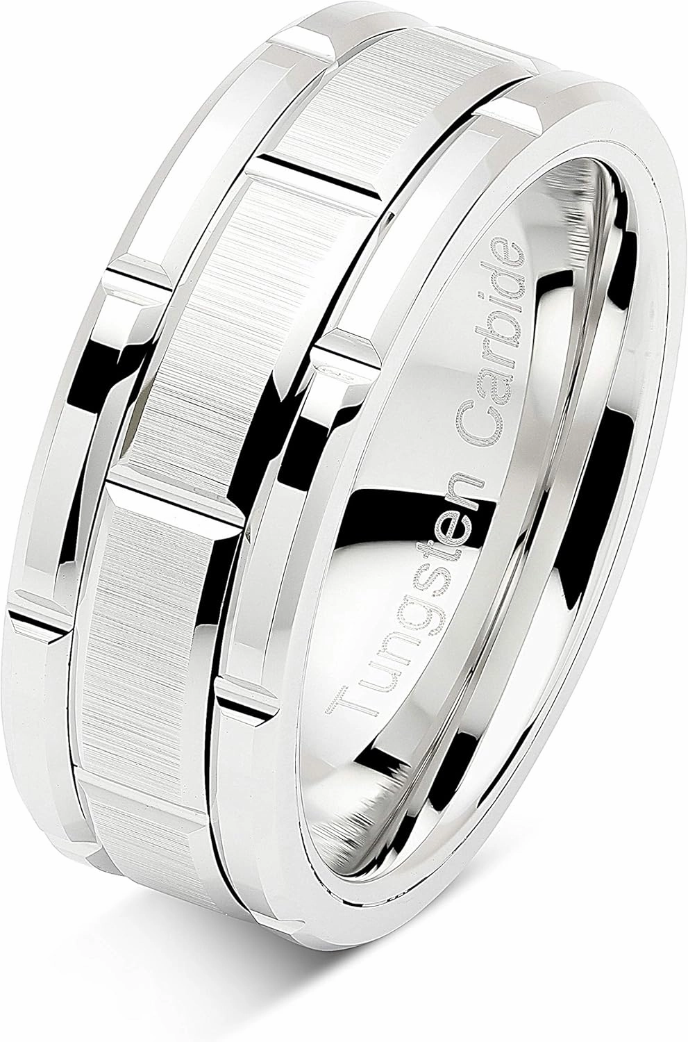 100S JEWELRY Tungsten Rings For Men Wedding Band White Gold Brick Pattern Rhodium Plated Size 6-16