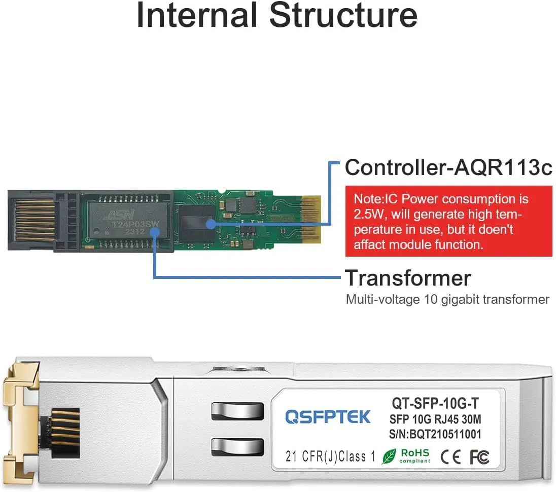 10GBASE-T SFP  to RJ45 Transceiver, 10G Ethernet Copper Module, Optical SFP RJ 45 10Gb T Mini-GBIC Compatible with Cisco SFP-10G-T-S, Ubiquiti UF-RJ45-10G, Mikrotik, Supermicro, Fortinet, up to 30m
