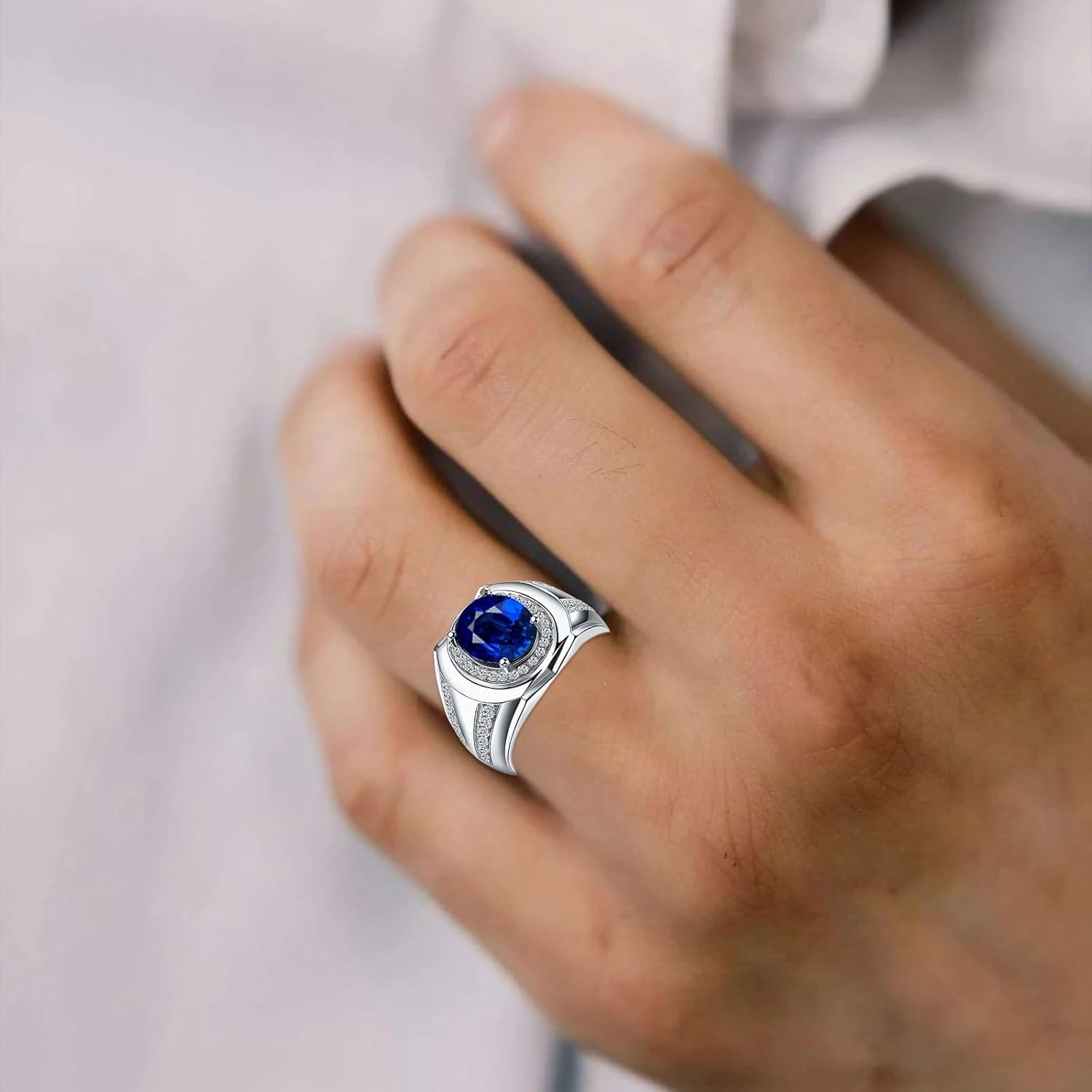 10K 14K 18K Solid White Gold Men Ring, 1.0ct Oval Cut Moissanite Engagement Rings Luxury Wedding Anniversary Jewelry Fathers Day for Men Daddy Husband Size 4-16