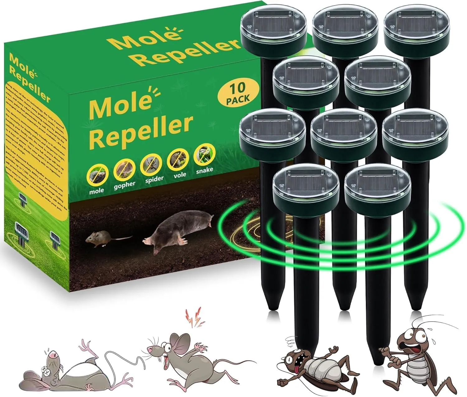 10pk Mole Repellent Ultrasonic Solar Powered for Lawns Gardens and Yards Waterproof Gopher Vole Snake Repeller Effective Outdoor All Pests Sonic Spikes Stakes Chaser
