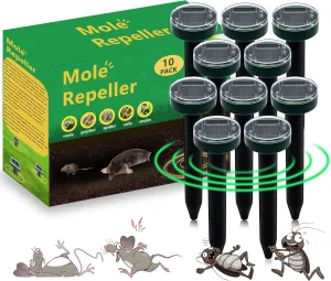 10pk Mole Repellent Ultrasonic Solar Powered for Lawns Gardens and Yards Waterproof Gopher Vole Snake Repeller Effective Outdoor All Pests Sonic Spikes Stakes Chaser