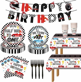 117pcs Vintage Racing Car Half Way to First Birthday Party Decorations, 1/2 Way to One Checkered Plates Napkins Cups Banner Racing Tablecloths for Boys Race Car Theme 6 Months Party Supplies
