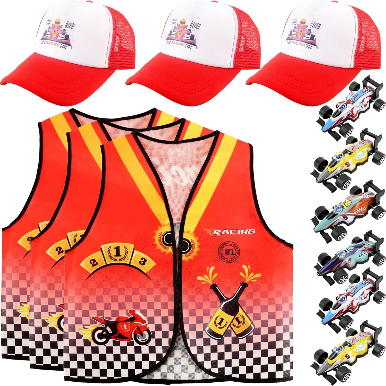 12 Pcs Kids Race Car Driver Costume Racer Vest Car Cap Pull Back Cars Racer Dress Up Vest Set for Boys Girls Race Car Theme Party Halloween Role Play