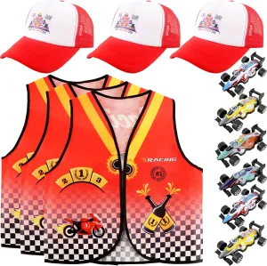 12 Pcs Kids Race Car Driver Costume Racer Vest Car Cap Pull Back Cars Racer Dress Up Vest Set for Boys Girls Race Car Theme Party Halloween Role Play