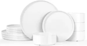 12 Pieces Porcelain Dinnerware Set for 4, Chip and Scratch Resistant Ceramic Plates and Bowls Set, Dishwasher & Microwave Safe Dingware Dishes Set,White
