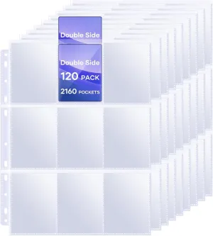 120 Pack 9 Pocket Double Side Card Sleeves Binder Sheets Holds 2160 Cards,Trading Card Binder Sleeves for 3 Ring Binder, Card Sleeve Pages fit for Baseball, Football, Business, Cards