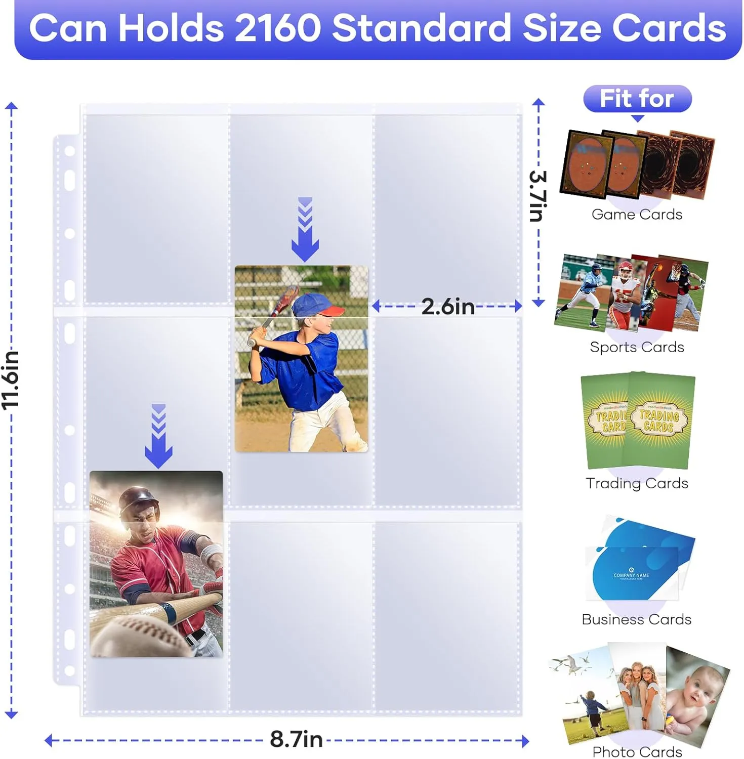 120 Pack 9 Pocket Double Side Card Sleeves Binder Sheets Holds 2160 Cards,Trading Card Binder Sleeves for 3 Ring Binder, Card Sleeve Pages fit for Baseball, Football, Business, Cards