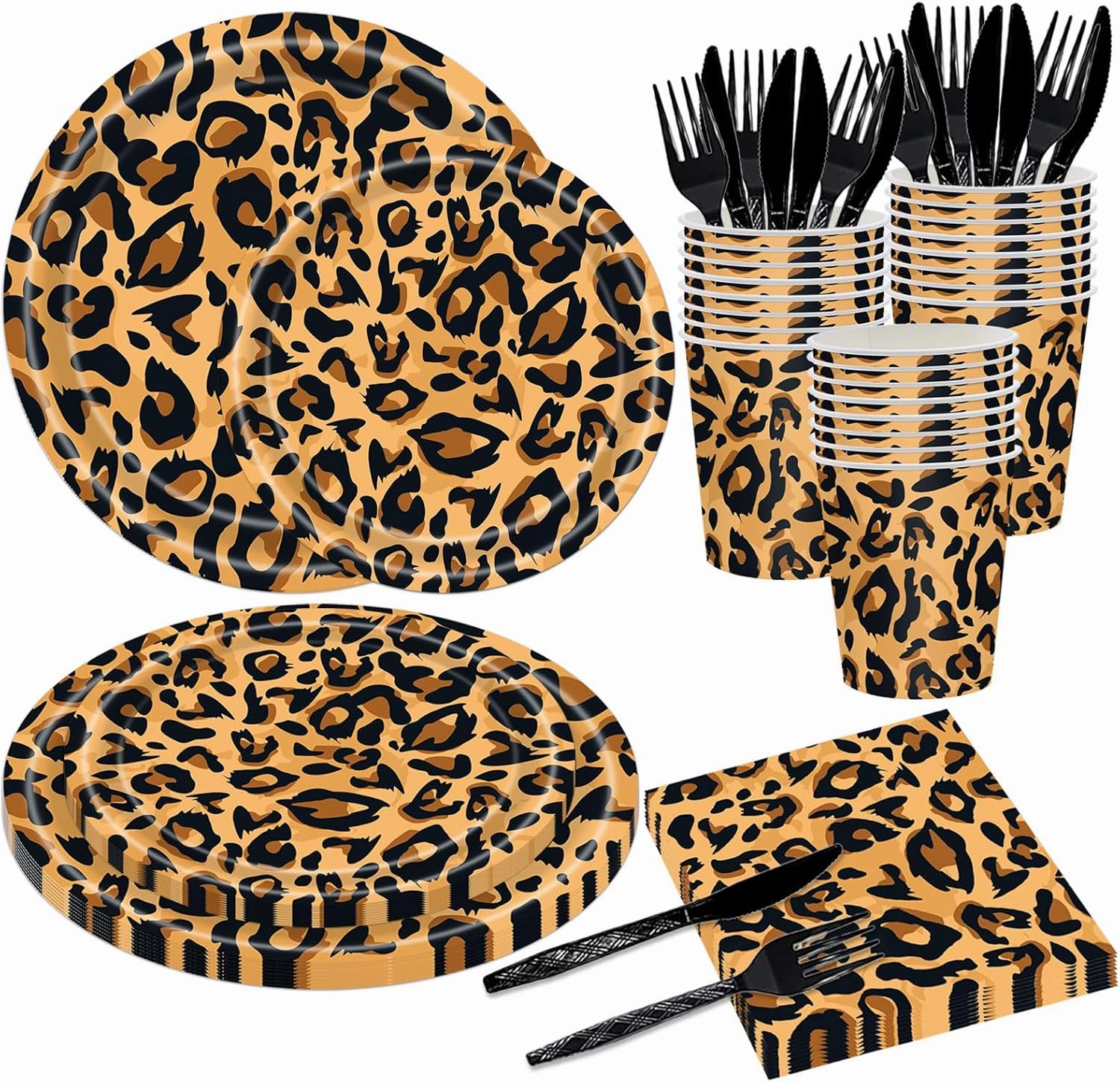 144PCS Leopard Print Party Supplies Cheetah Print Party Tableware Set Paper Plates Napkins Cups Cutlery for Birthday Shower Baby Shower Jungle Safari Theme Party Decorations Serve 24