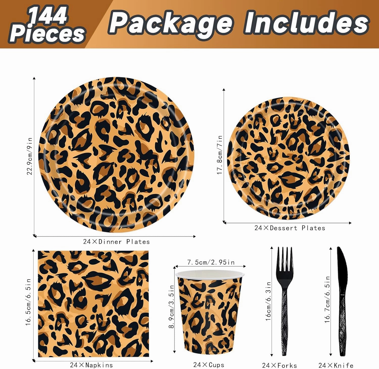 144PCS Leopard Print Party Supplies Cheetah Print Party Tableware Set Paper Plates Napkins Cups Cutlery for Birthday Shower Baby Shower Jungle Safari Theme Party Decorations Serve 24