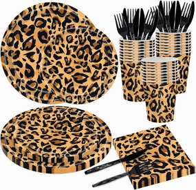 144PCS Leopard Print Party Supplies Cheetah Print Party Tableware Set Paper Plates Napkins Cups Cutlery for Birthday Shower Baby Shower Jungle Safari Theme Party Decorations Serve 24