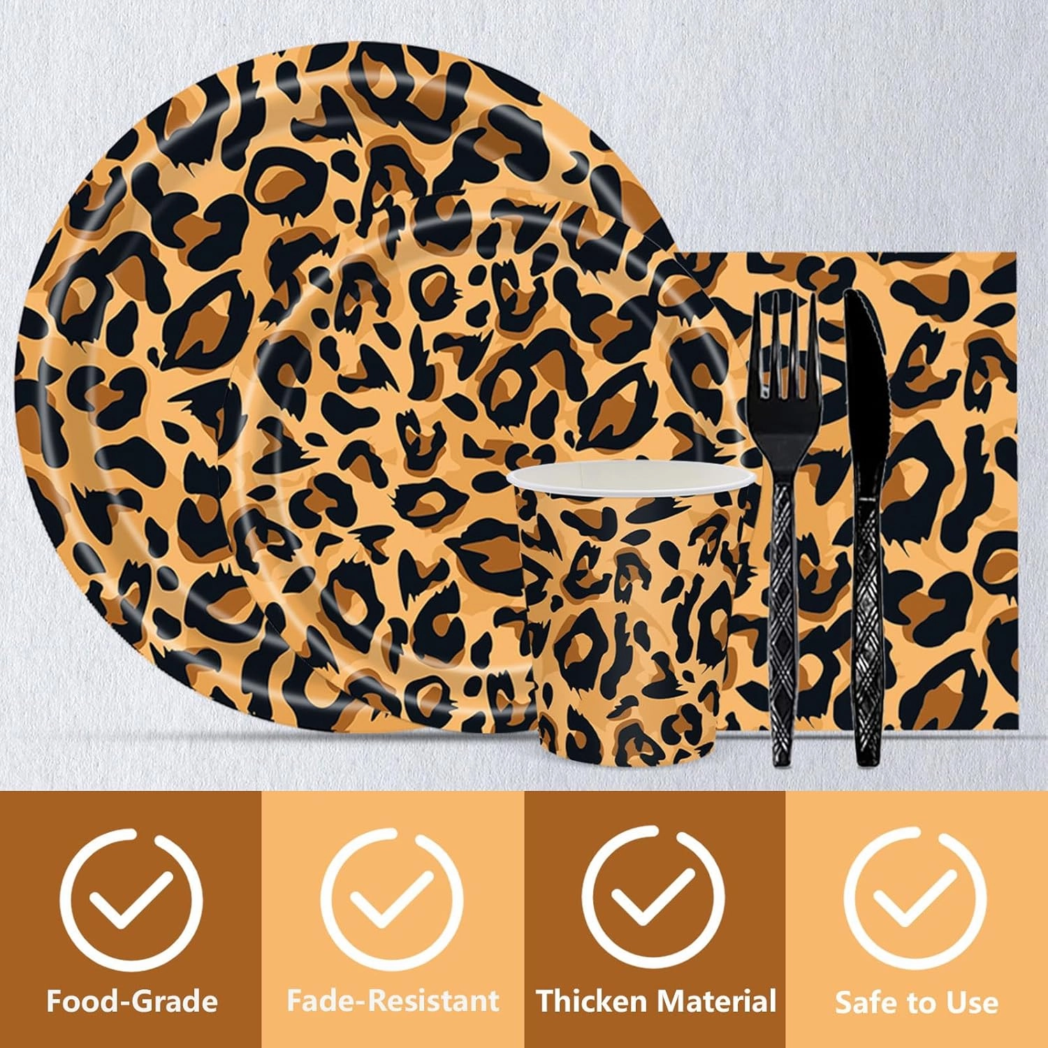 144PCS Leopard Print Party Supplies Cheetah Print Party Tableware Set Paper Plates Napkins Cups Cutlery for Birthday Shower Baby Shower Jungle Safari Theme Party Decorations Serve 24