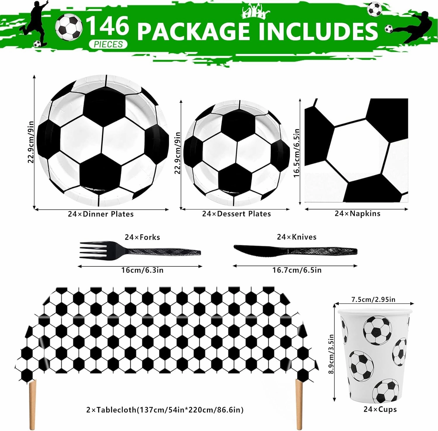 146PCS Soccer Party Tableware Set Soccer Plates and Napkins Party Supplies Soccer Birthday Party Decorations Soccer Party Favor Soccer Tablecloth Plates Napkins Cups Forks Knives Serve 24