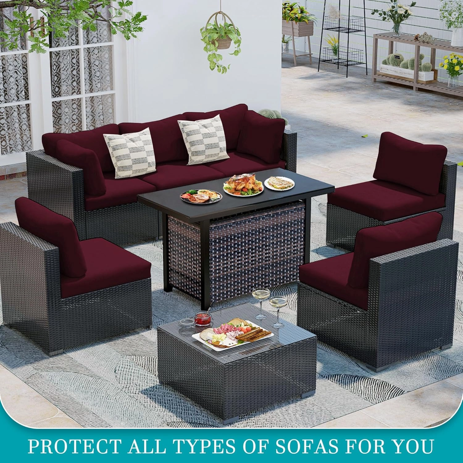 14 Pcs Stretch Patio Cushion Covers,Outdoor Couch Covers Replacement,Outdoor Couch & Sofa Slipcovers,for Patio Furniture Cushion Covers,Washable Reusable Furniture Protector (Wine Red,Cover Only)