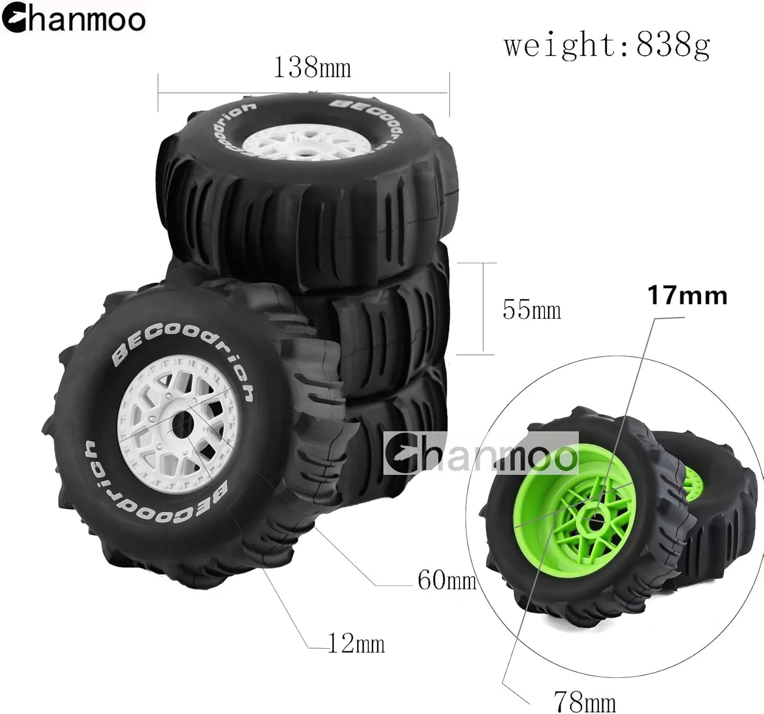 1/7 1/8 RC Short Course Truck Car Tires and Wheels Rims 17mm Hex Snow Sand Buggy Desert Tyres for 1:7 Or 1:8 Scale RC Off Road Truck Car TRAXXAS UDR 85086-4 ARRMA YK4072 DF7 4Pcs (B Black)
