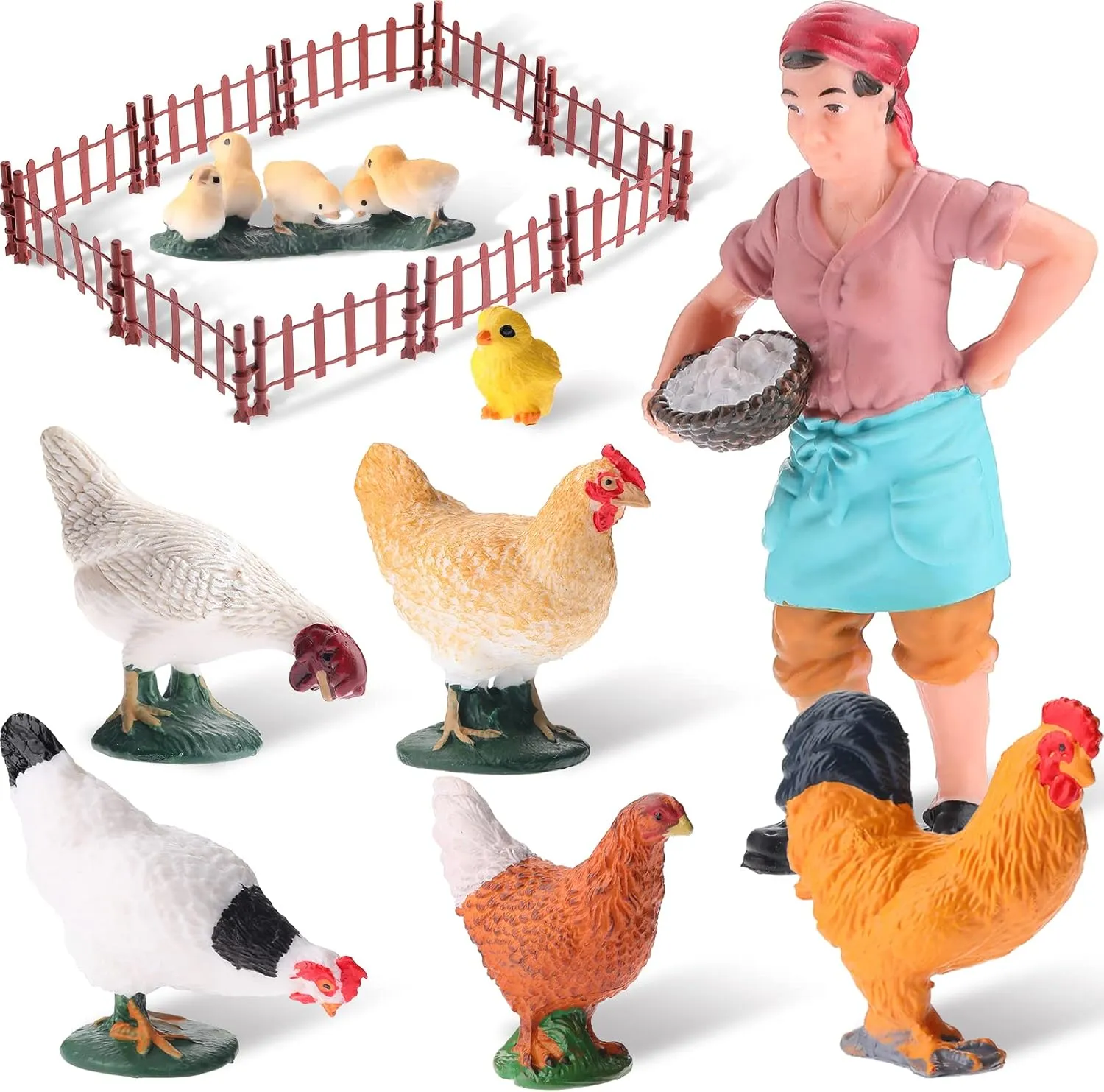 18 pcs Farm Cute Animal Figurines Easter Toy Set 7 Simulated Chicken Figurines Realistic Plastic Farmer Feeder 10 Mini Fence Toys Preschool Toy Figure Play Set for Collection Educational Props