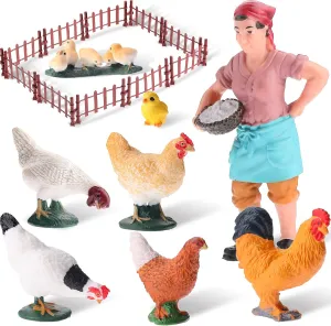 18 pcs Farm Cute Animal Figurines Easter Toy Set 7 Simulated Chicken Figurines Realistic Plastic Farmer Feeder 10 Mini Fence Toys Preschool Toy Figure Play Set for Collection Educational Props