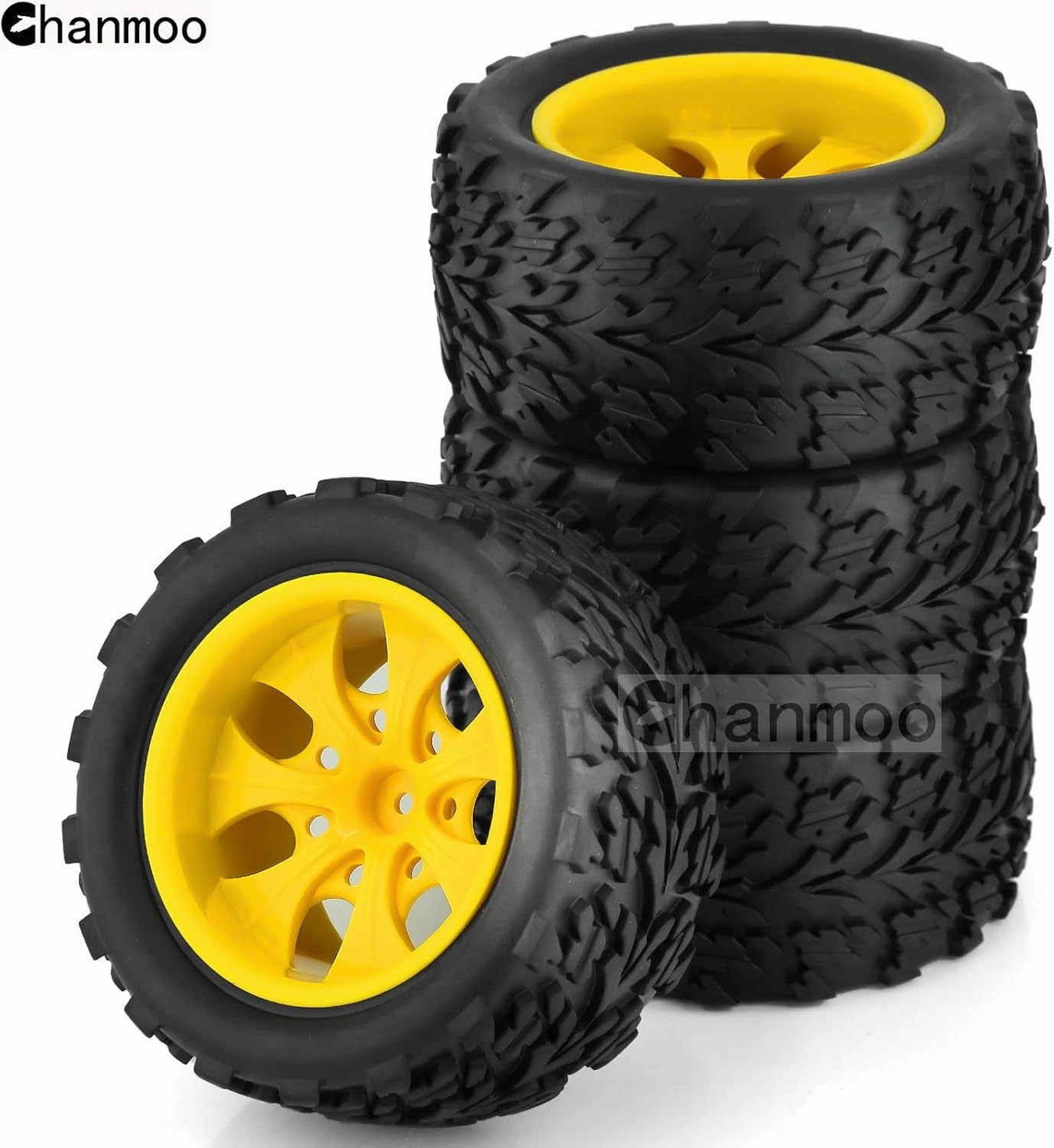1/10 RC Monster Truck Tires And Hard Plastic Wheels 12mm Hex Off Road Truck Tyres For 1:10 Scale Short Course Truck Car Traxxas X-Maxx E-Revo Summit Kyosho 144001 HSP 94188 94111 4PCS (Yellow)