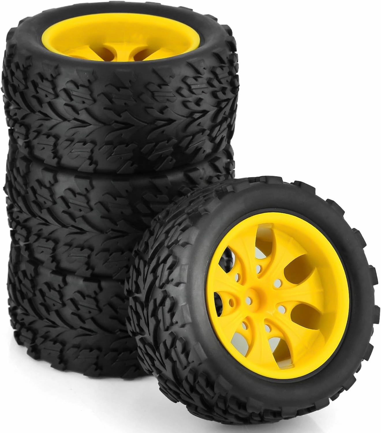 1/10 RC Monster Truck Tires And Hard Plastic Wheels 12mm Hex Off Road Truck Tyres For 1:10 Scale Short Course Truck Car Traxxas X-Maxx E-Revo Summit Kyosho 144001 HSP 94188 94111 4PCS (Yellow)