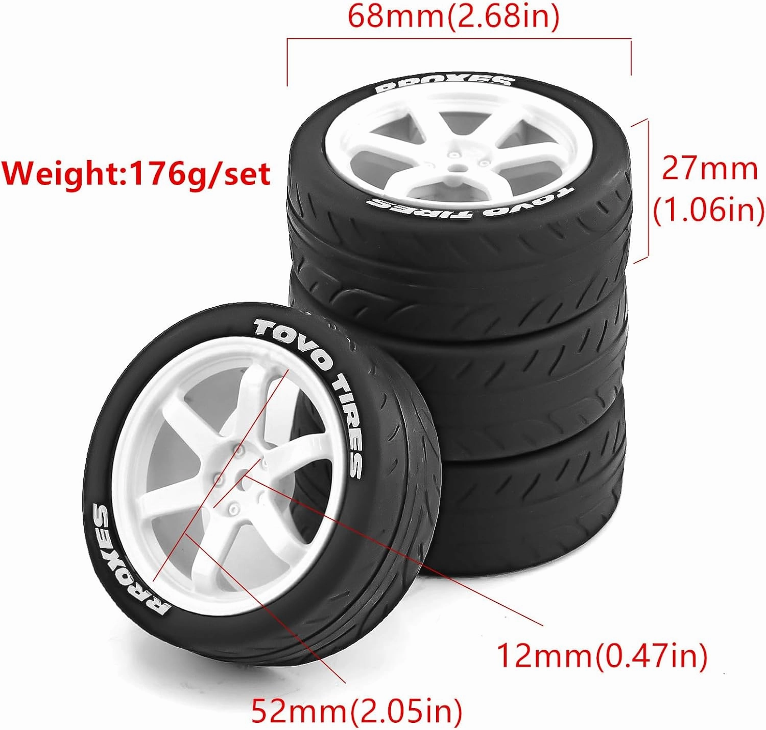 1/10 RC On Road Tires OD 68mm and Aluminum Street Wheels 12mm Hex Touring Tyres for 1:10 Rally Racing Drift Car Tamiya TT01 TT02 XV01 HPI KYOSHO HSP PTG2 Traxxas TA06 A959 PTG2 4PCS (White)