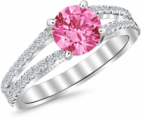 1.15 Carat 14K White Gold Classic Double Row Pave Set Split Shank Diamond Engagement Ring with a 0.75 Carat Natural Pink Sapphire Center (Heirloom Quality)