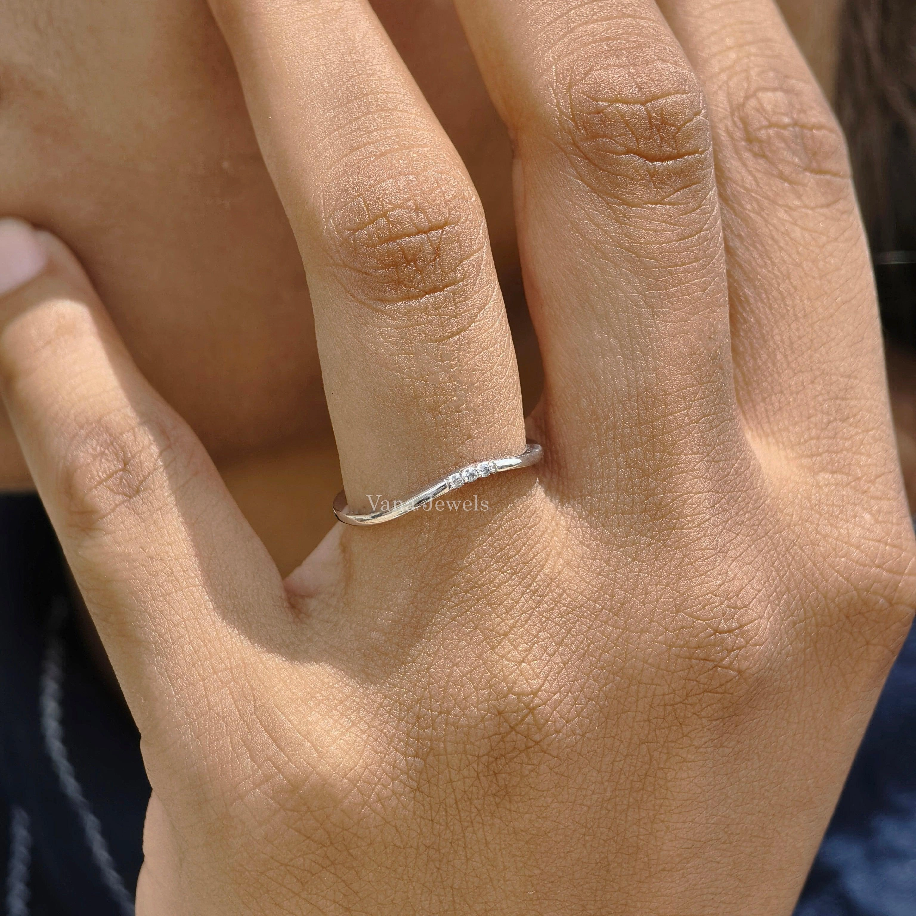 1.20 MM Round Cut Moissanite Curved Wedding Band, Three Stone Diamond Stacking Band.