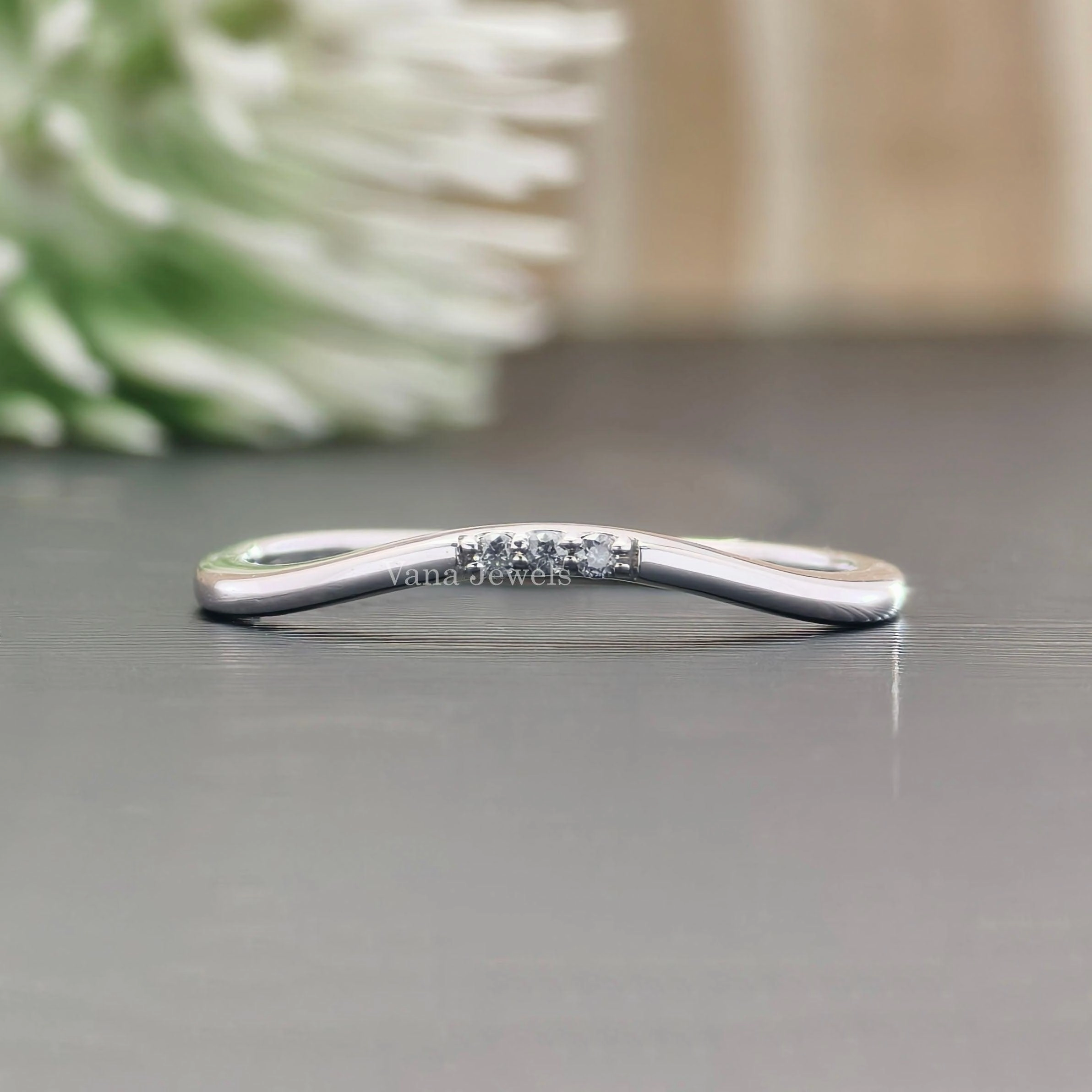 1.20 MM Round Cut Moissanite Curved Wedding Band, Three Stone Diamond Stacking Band.
