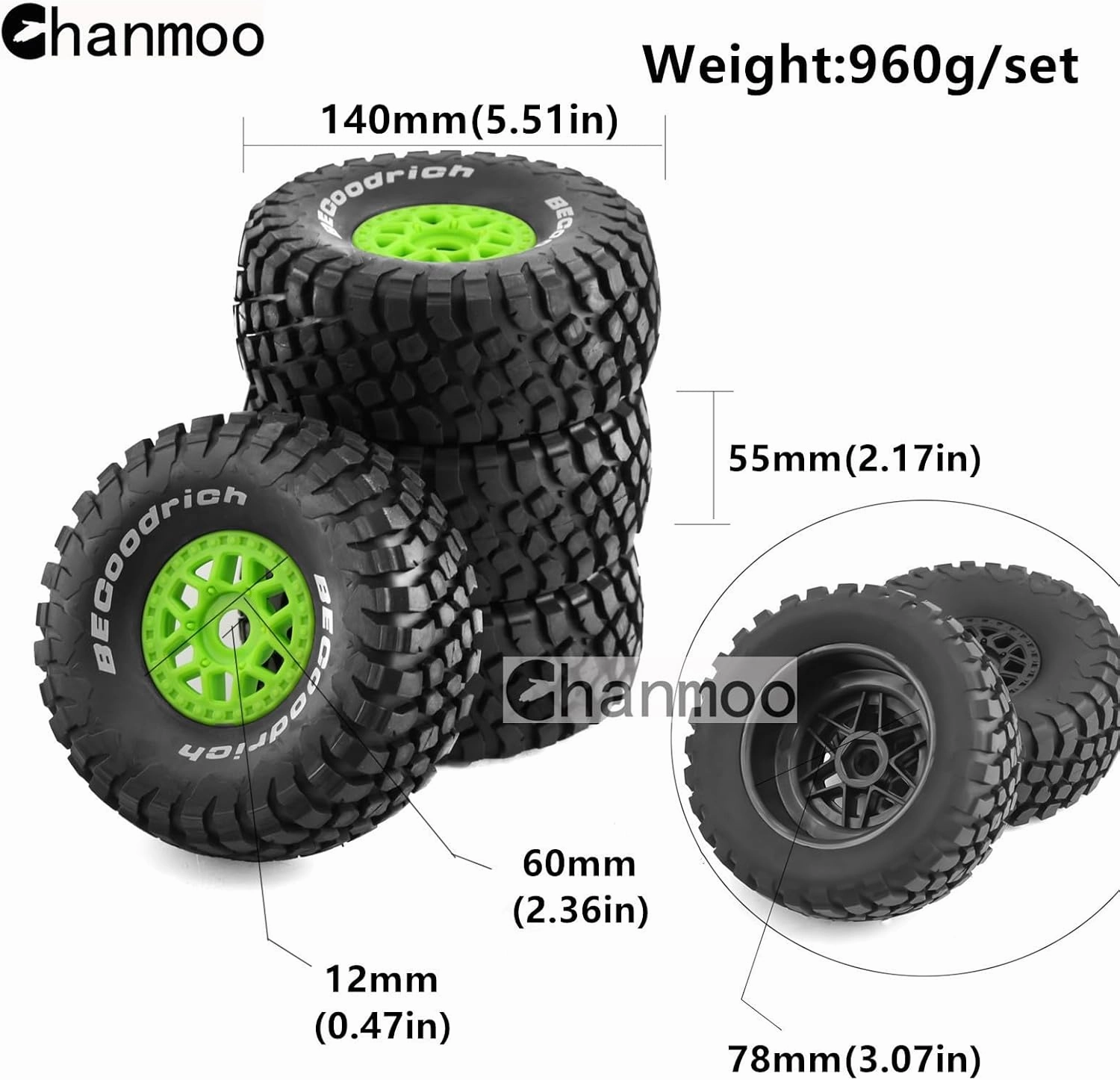 1/8 RC Short Course Truck Tires and Wheels 17mm Hex OD 140mm 1/7 All Terrain Off Road Tyres for 1:7 1:8 RC Buggy Truck Car HSP TRAXXAS UDR DF7 FS Atom ARRMA Mojave YK4072 DF7 4PCS (Black)