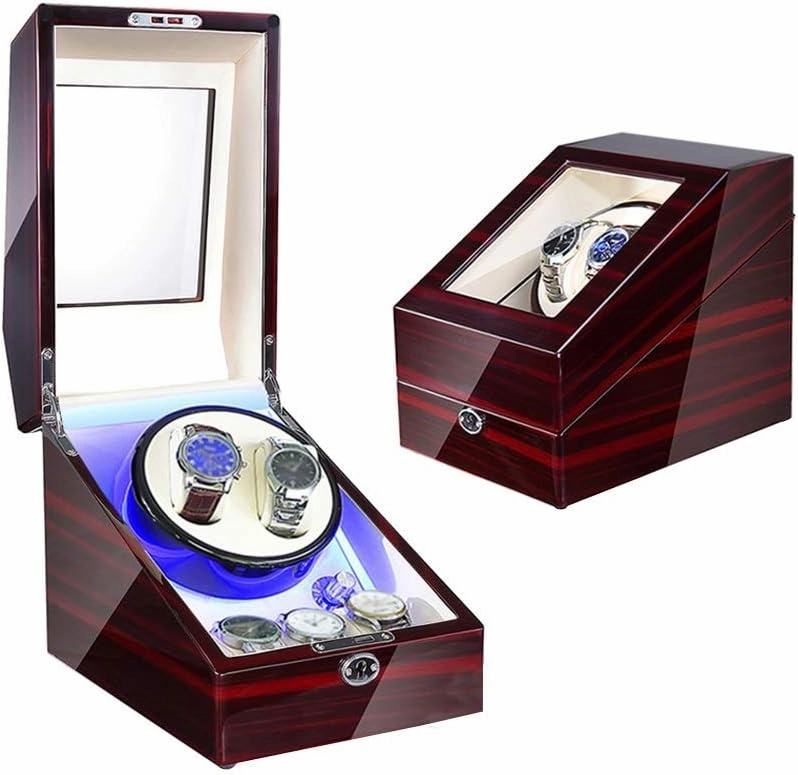 1 Pcs Watch Winder Box 5, for Automatic Watches, with Blue LED Light, Wood Shell Piano Paint Exterior，PU Leather, 4 Rotation Mode Setting Watch Winder for Automatic Watches