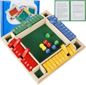 2-4 Players Shut The Box Game Wooden Board Table Math Game with 8 Dice Classics Close The Box Board Game dice Game Tabletop Version Games for Adults Kids Classroom Home Party Pub