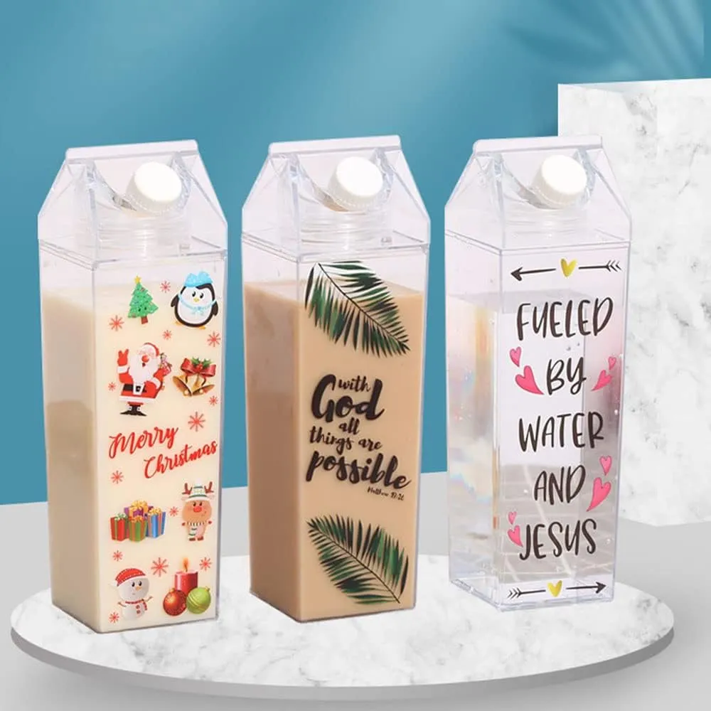2 Pack Milk Carton Water Bottle, Clear Square Plastic Milk Bottles, BPA Free Portable Water Bottle for Outdoor Sports Travel Camping Hiking Activities (500ml 1000ml / 17oz 34oz)