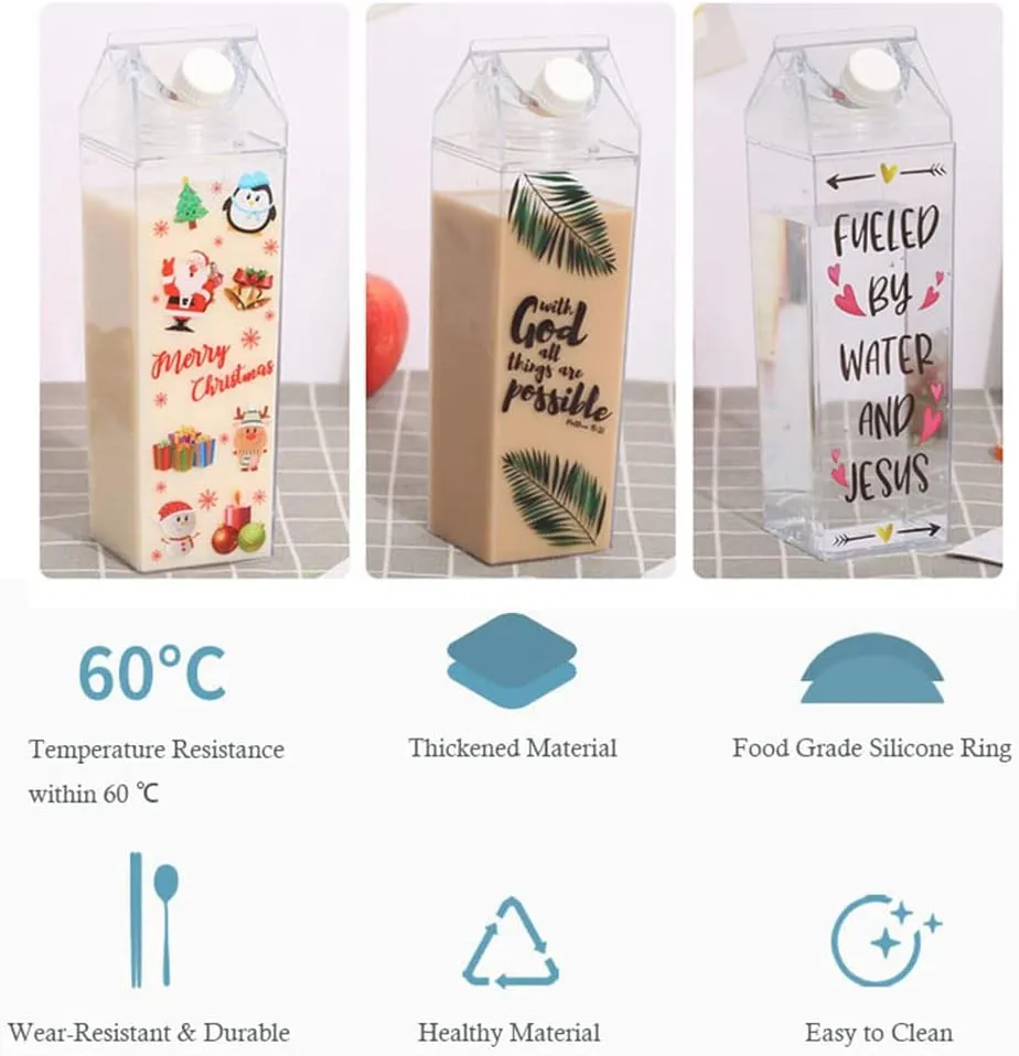 2 Pack Milk Carton Water Bottle, Clear Square Plastic Milk Bottles, BPA Free Portable Water Bottle for Outdoor Sports Travel Camping Hiking Activities (500ml 1000ml / 17oz 34oz)