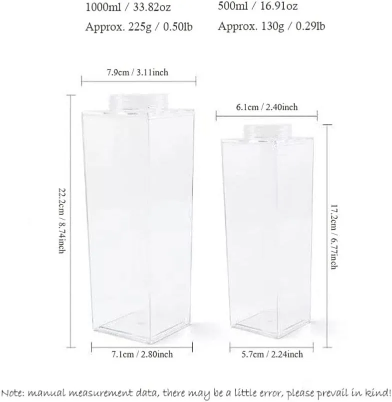 2 Pack Milk Carton Water Bottle, Clear Square Plastic Milk Bottles, BPA Free Portable Water Bottle for Outdoor Sports Travel Camping Hiking Activities (500ml 1000ml / 17oz 34oz)