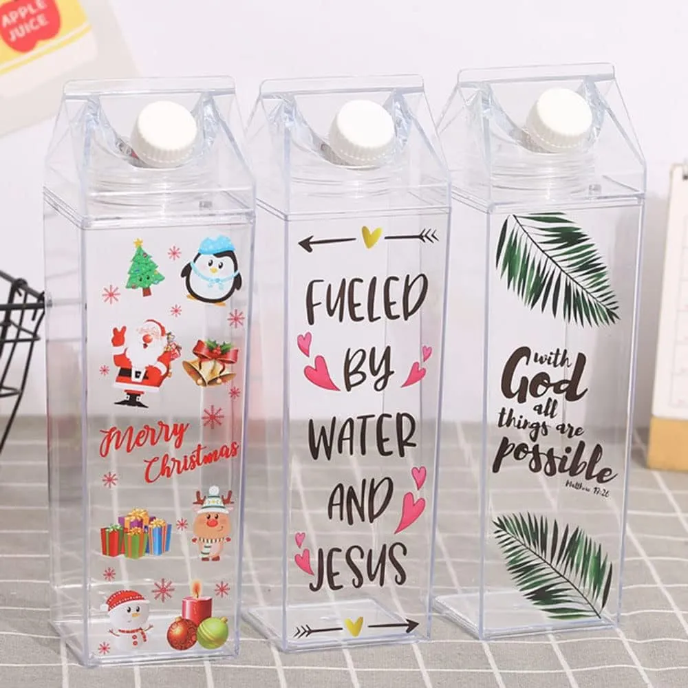 2 Pack Milk Carton Water Bottle, Clear Square Plastic Milk Bottles, BPA Free Portable Water Bottle for Outdoor Sports Travel Camping Hiking Activities (500ml 1000ml / 17oz 34oz)
