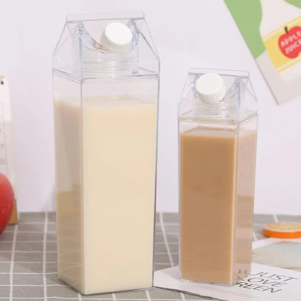 2 Pack Milk Carton Water Bottle, Clear Square Plastic Milk Bottles, BPA Free Portable Water Bottle for Outdoor Sports Travel Camping Hiking Activities (500ml 1000ml / 17oz 34oz)