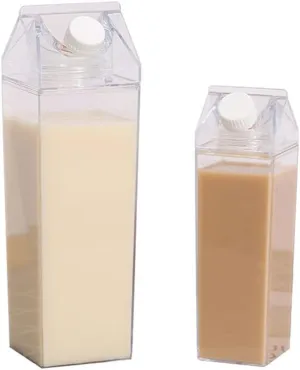 2 Pack Milk Carton Water Bottle, Clear Square Plastic Milk Bottles, BPA Free Portable Water Bottle for Outdoor Sports Travel Camping Hiking Activities (500ml 1000ml / 17oz 34oz)