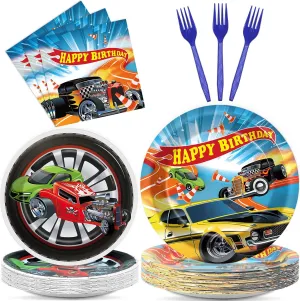 200Pcs Race Car Tableware Dinnerware Set - Disposable Hot Car Party Decoration Paper Plates Napkins Forks for Kids Boy Sport Theme Party Supplies Favor Serve 50