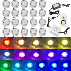 20pcs Low Voltage LED Deck Lights Kits Multi-Color RGB Stainless Steel Waterproof Outdoor Recessed Wood Decoration Lamps Landscape Pathway Patio Step Stairs LED In-ground Lighting(Silver Border)