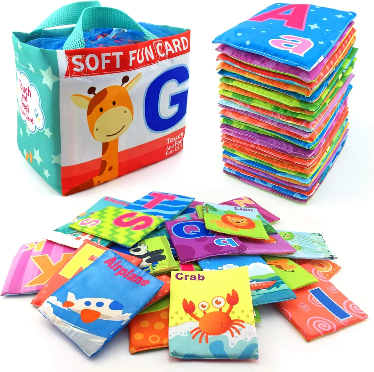 26 Pieces Soft Alphabet Cards with Cloth Storage Bag for Babies Infants, Toddlers and Kids ABCs Learning Flash Cards, Best Early Educational Toys for 0 1 2 3 Years Old Boys and Girls