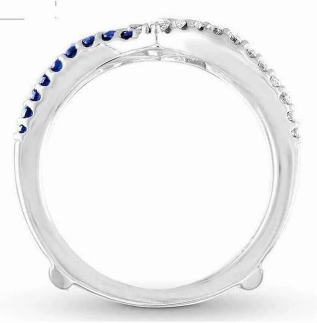 2.50 CT Round Cut Created Blue Sapphire and White Diamond Bypass Enhancer Guard Wedding Engagement Ring In 14K White Gold Plated 925 Sterling Silver Gift for Womens
