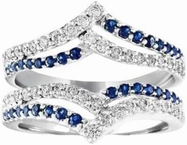 2.50 CT Round Cut Created Blue Sapphire and White Diamond Bypass Enhancer Guard Wedding Engagement Ring In 14K White Gold Plated 925 Sterling Silver Gift for Womens