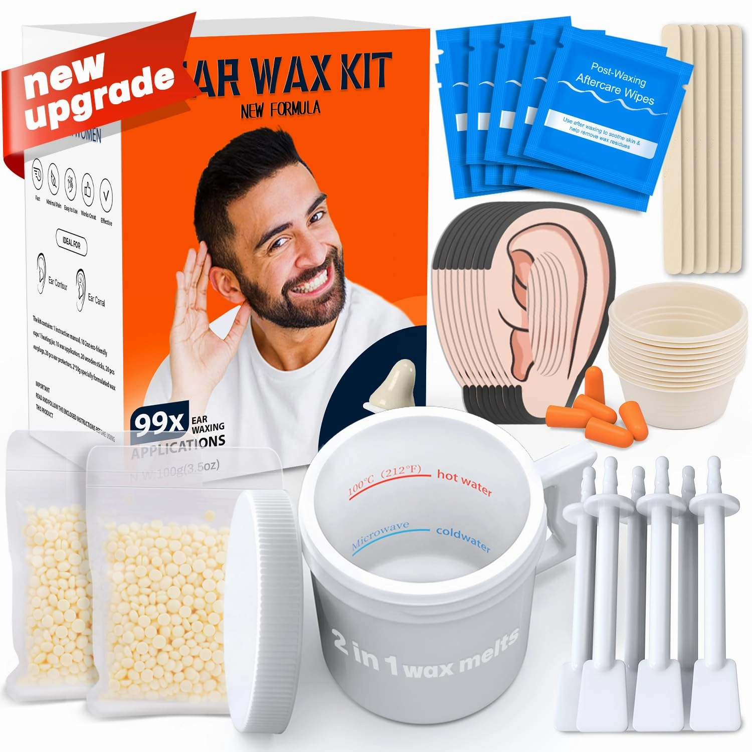 2-in-1 Ear & Nose Waxing Kit for Men & Women | 100g Hair Removal Wax   99pc | 20 Applicators, 10 Nasal Sticks, 15 Wipes & 20 Earplugs | No Microwave Needed | Nose Wax Kit, Ear Hair Remover