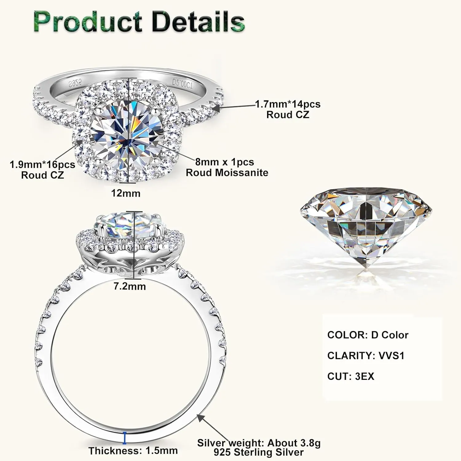 2CT Halo Moissanite Engagement Rings D Color VVS1 Clarity Anniversary Rings 925 Sterling Silver Square Engagement Ring for Women Wife Mom