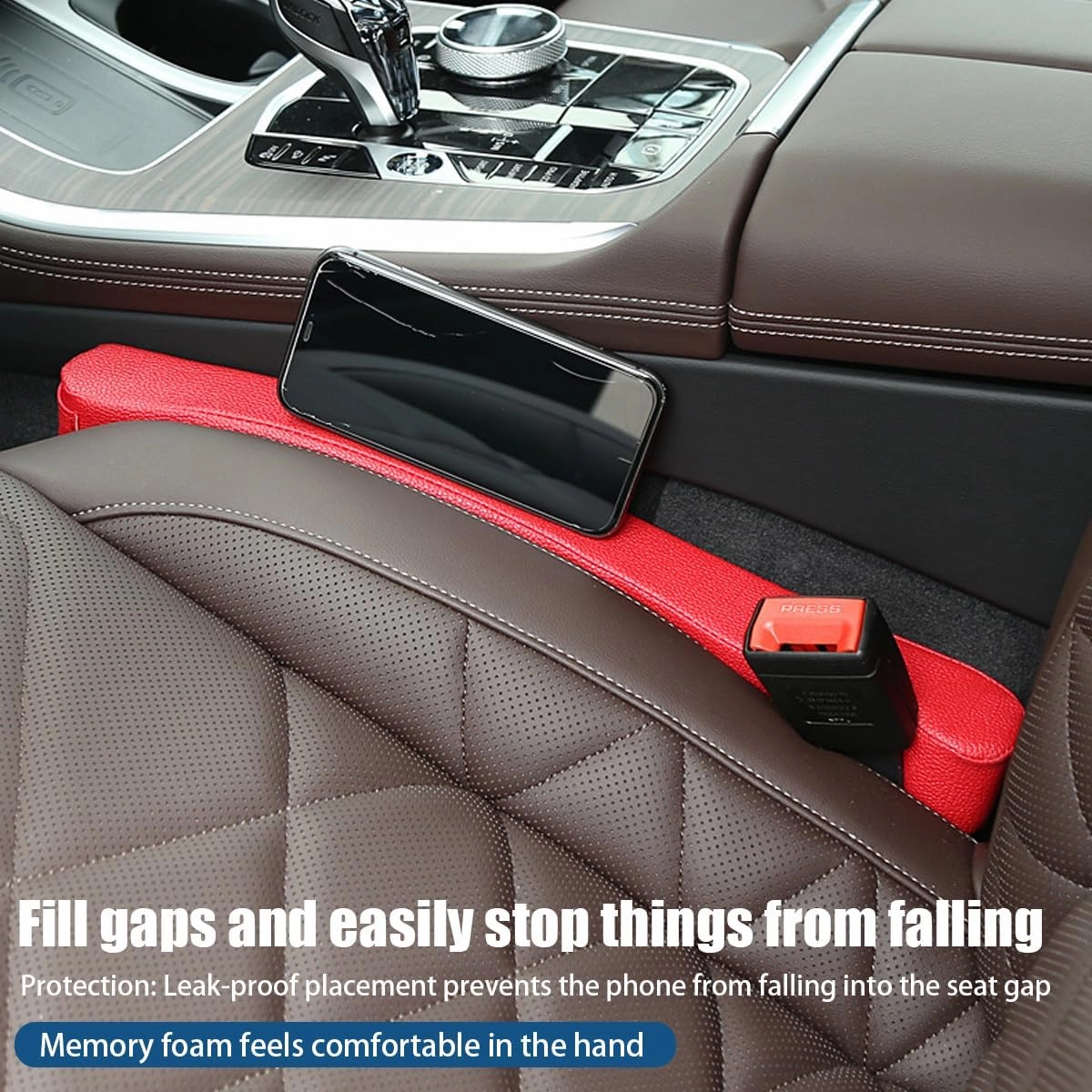 2Pcs Car Seat Gap Filler, PU Leather Auto Crevice Catcher Drop Blocker to Fill The Seat and Console Gap, Universal Vehicle Interior Accessories for Car, SUV, Truck (Red)