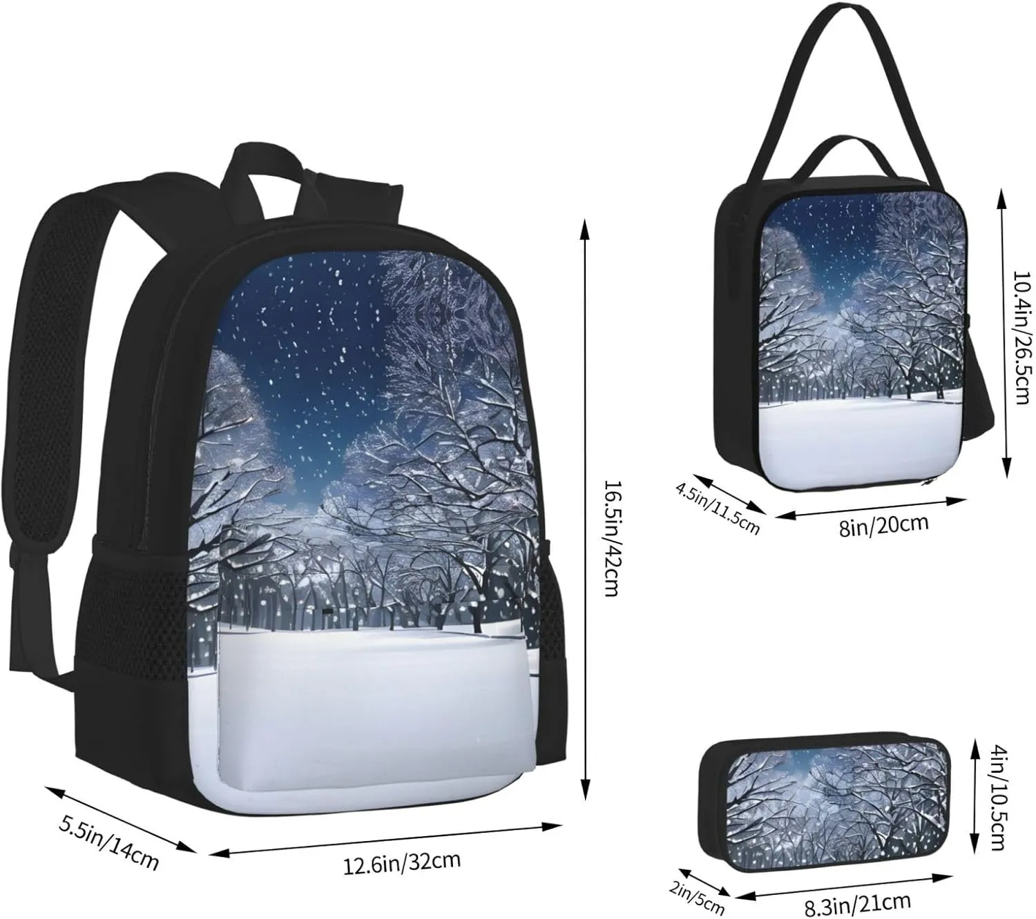 3-In-1 Backpack Bookbag Set,Winter Snow Falling In The Park Print Casual Travel Backpacks,With Pencil Case Pouch, Lunch Bag