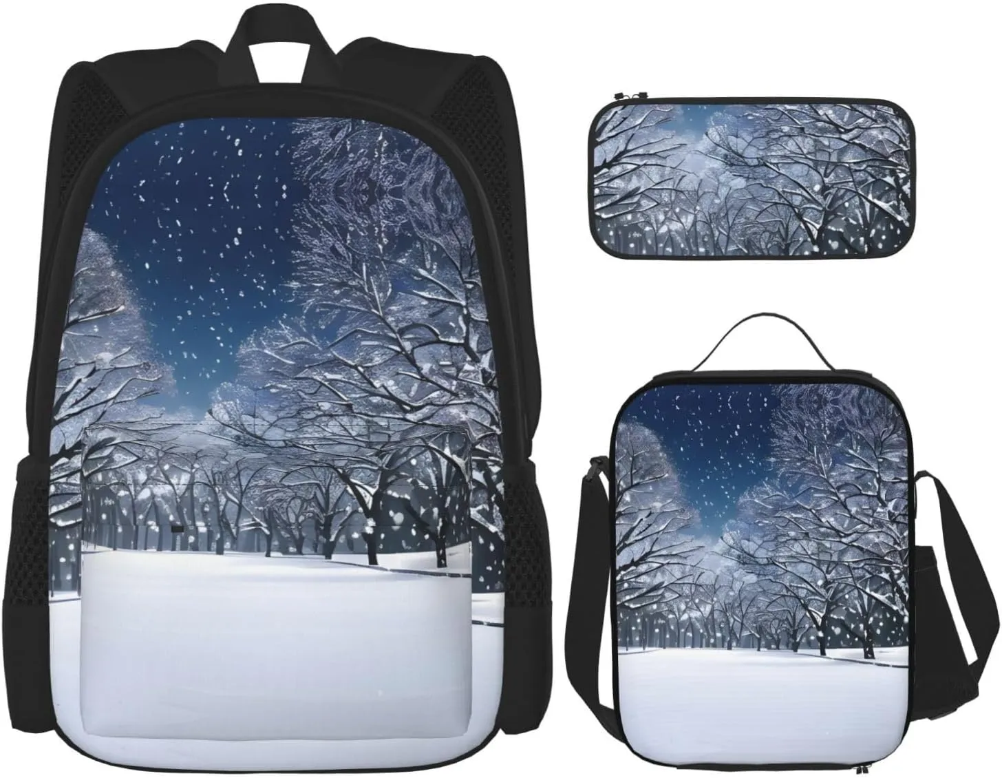 3-In-1 Backpack Bookbag Set,Winter Snow Falling In The Park Print Casual Travel Backpacks,With Pencil Case Pouch, Lunch Bag