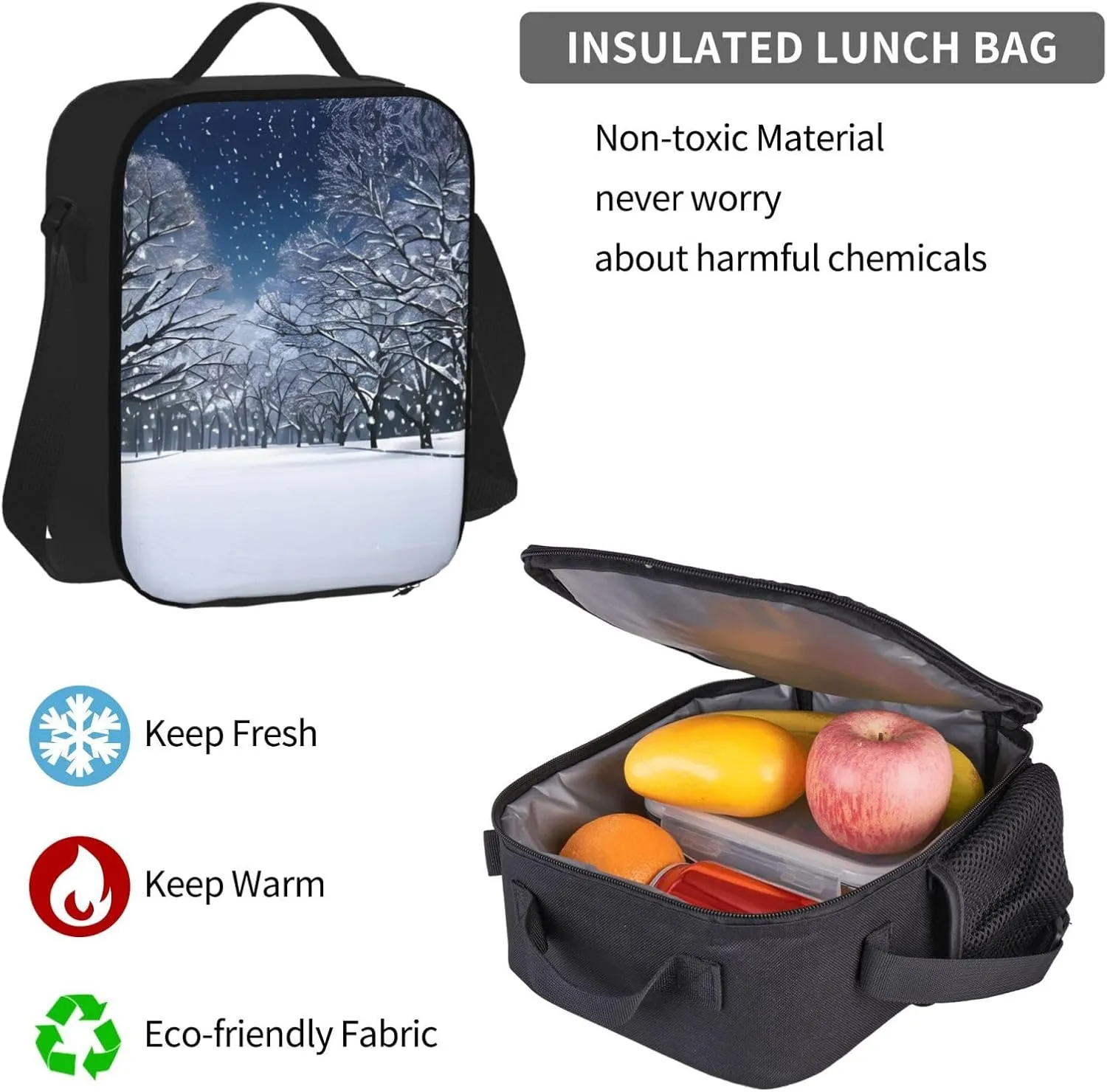 3-In-1 Backpack Bookbag Set,Winter Snow Falling In The Park Print Casual Travel Backpacks,With Pencil Case Pouch, Lunch Bag